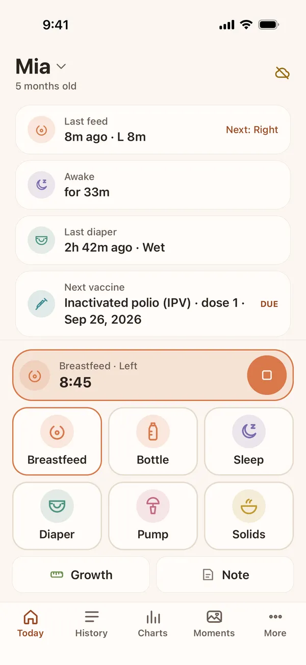 Baton today screen with feed, sleep and diaper buttons